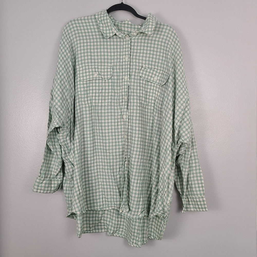 American Eagle Oversized Pale Green & White Classic Plaid Button-up Shirt XL